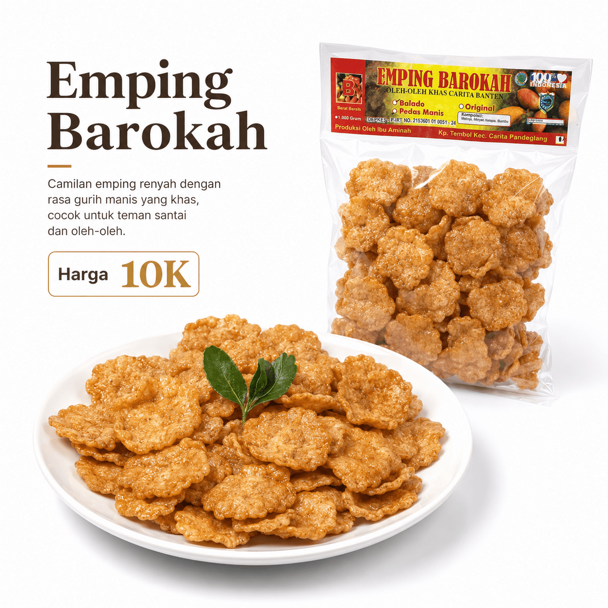 Kemasan Emping Barokah dengan pilihan rasa balado dan pedas manis.