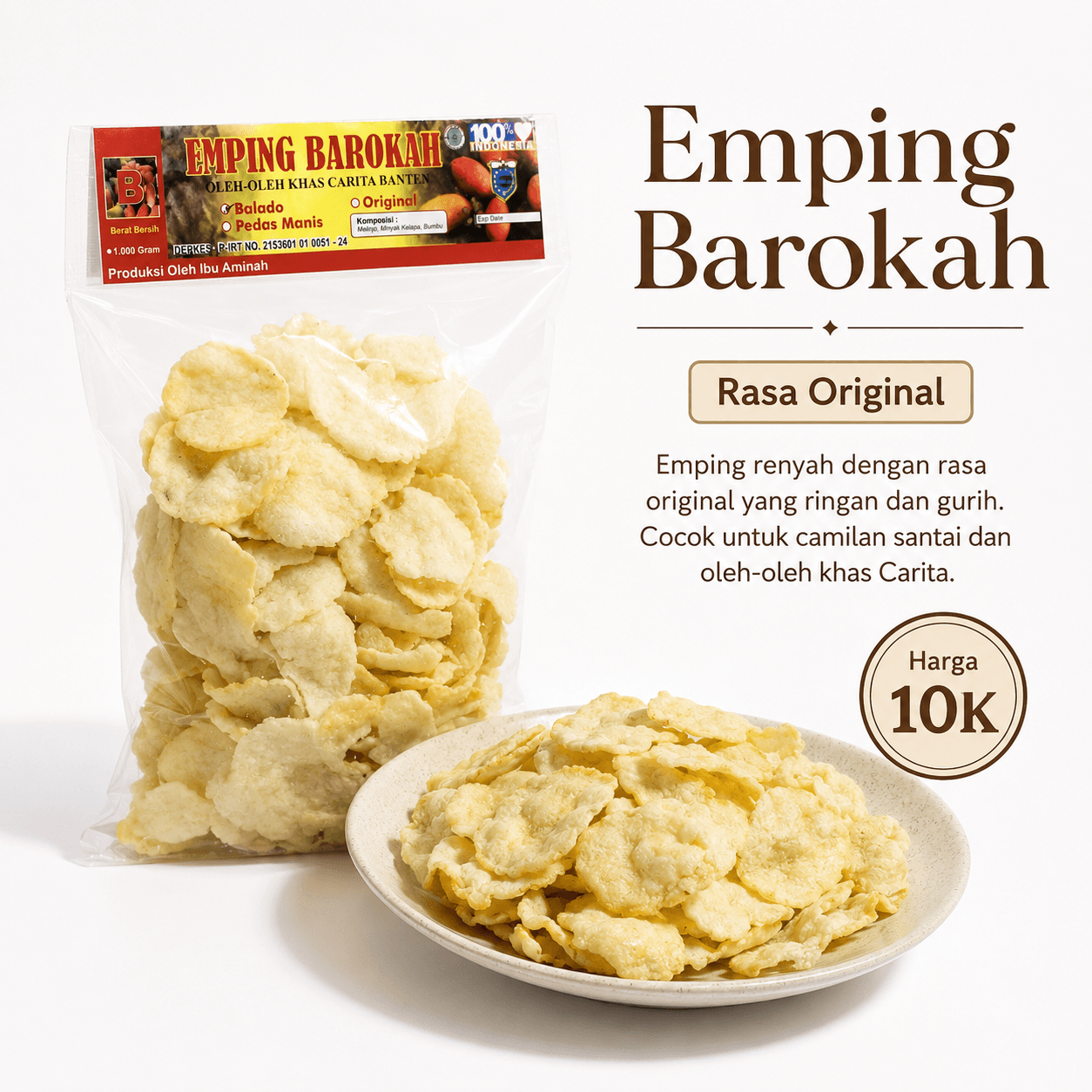 Kemasan Emping Barokah rasa original produksi Ibu Siti Aminah.
