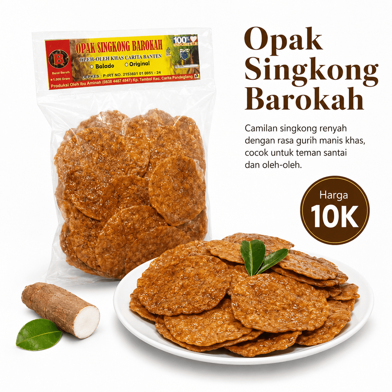 Kemasan Opak Singkong Barokah dengan pilihan rasa balado dan original.