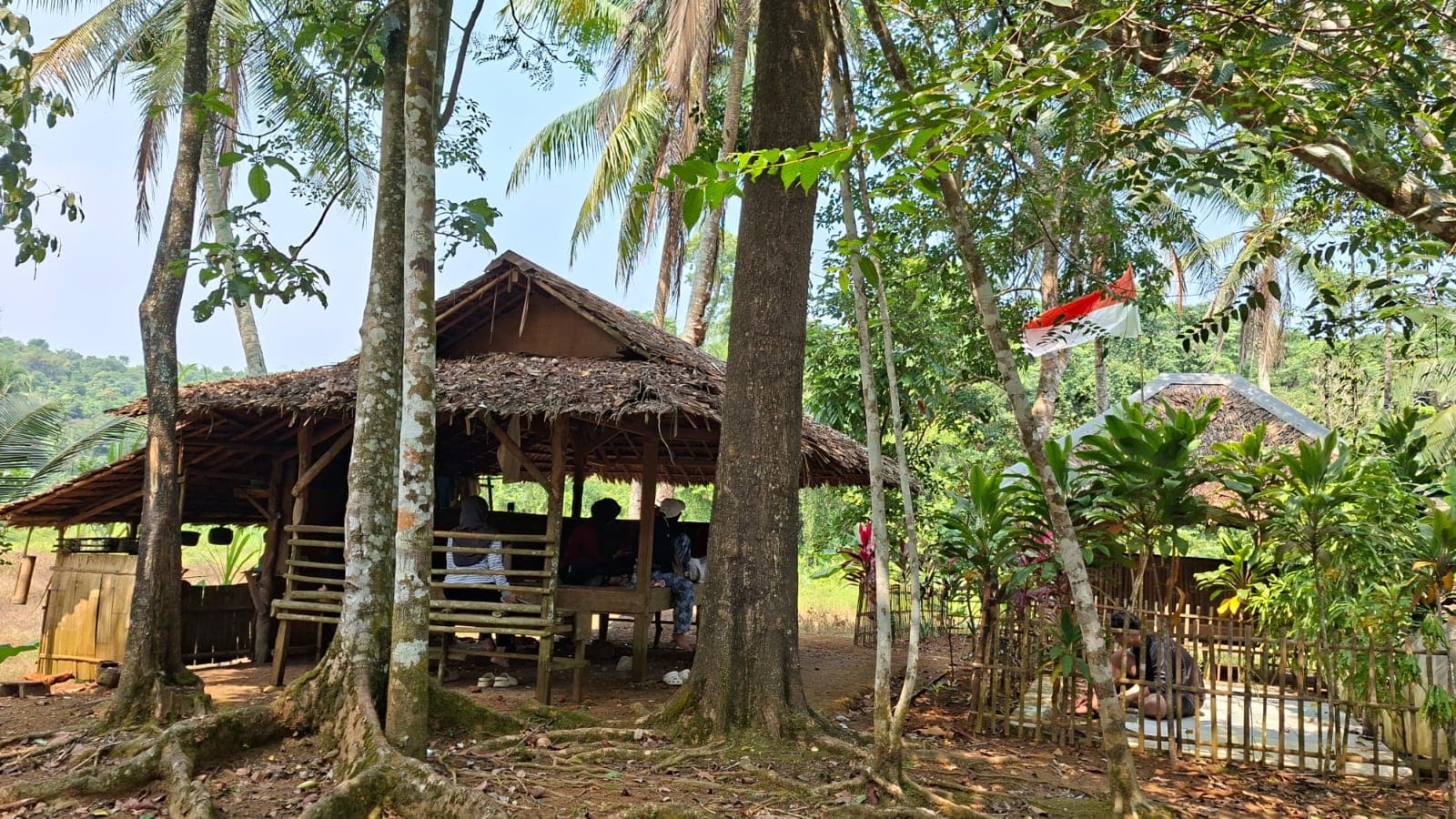 Saung bambu di antara pohon kelapa di Desa Tembong.